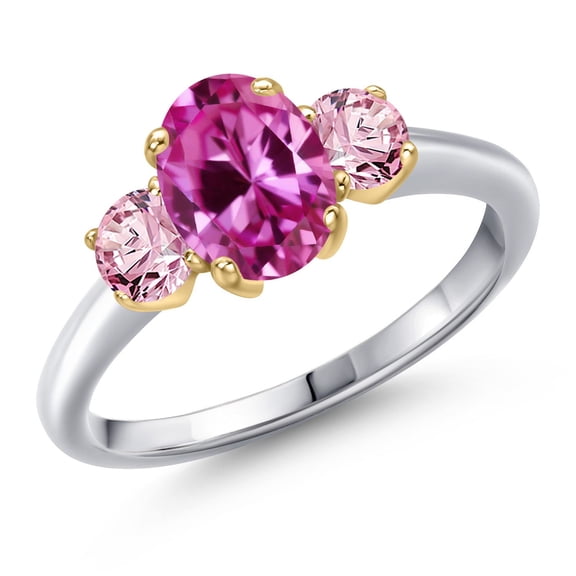 Gem Stone King 925 Silver and 10K Yellow Gold Pink Created Sapphire and Pink Lab Grown Diamond Engagement Ring for Women | 2.15 Cttw | Oval 8X6MM | Gemstone September Birthstone | Size 8
