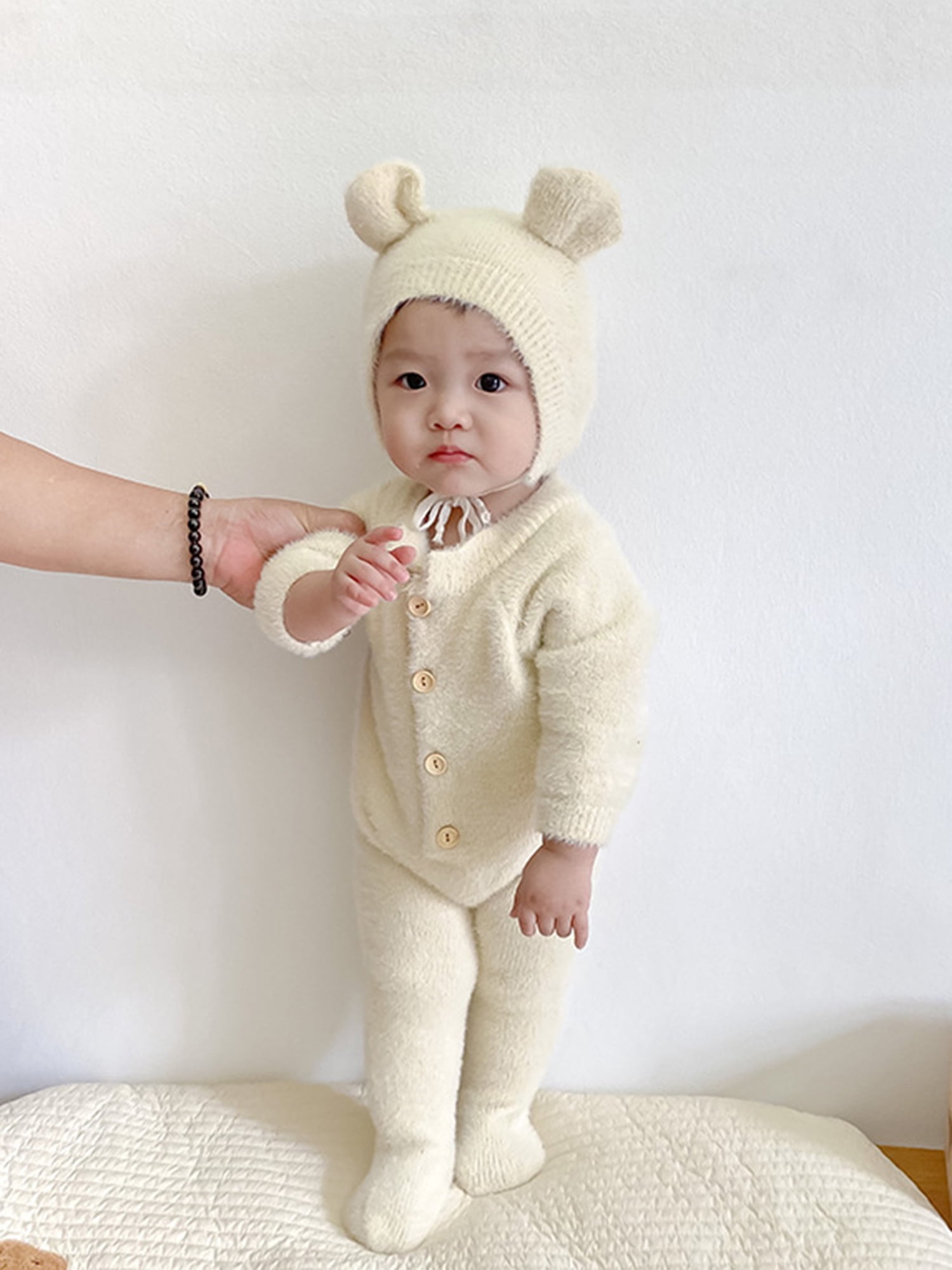 Arvbitana Infant Baby Girl Boy Plush Jumpsuit Long Sleeve Round Neck Button Closure Solid Color Playsuit  + Hat Winter Warm One Pieces Clothes for Infant 2Pcs 0-24M