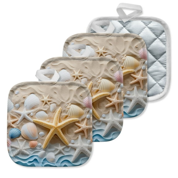 4 Pack Pot Holders,Kitchen Essential, Potholder Set,Seashells And Starfish On A Sandy Beach