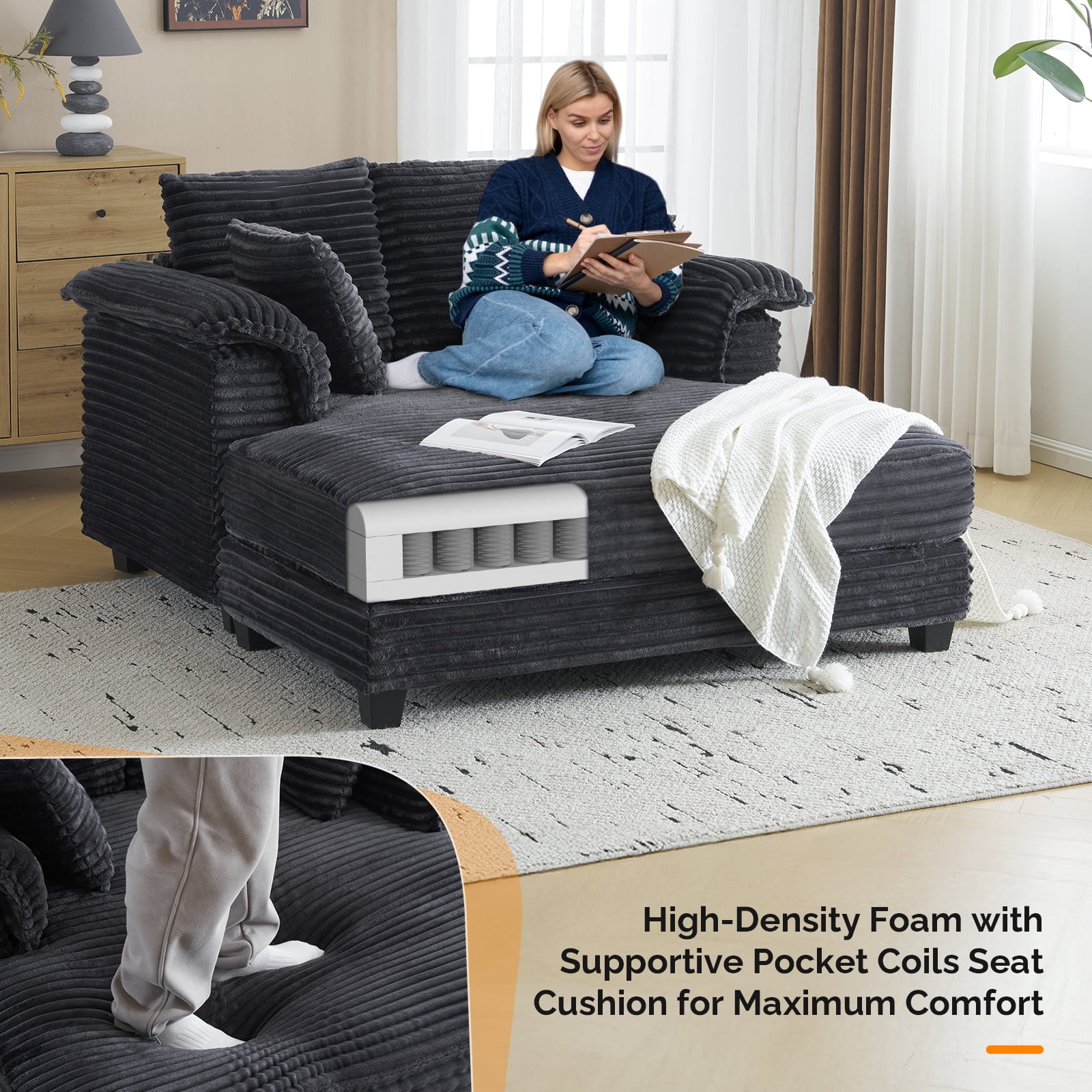 Ktaxon Corduroy Sofa Bed, Upholstered Comfy Sleeper with Pillow Arms, Lounge Chair with Lumbar Support Pillows, Ideal for Small Spaces Dark Gray