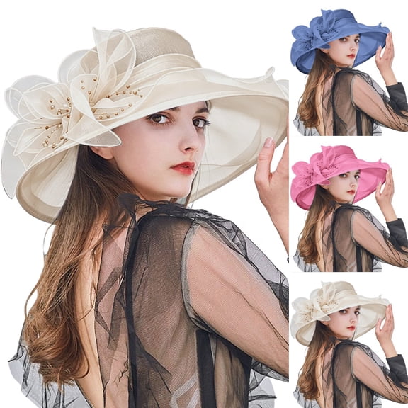 Helii Women Wide Brim Floral Organza Sun Hat, Extra Large Formal Church Wedding Hat with Pearl Flower, Mesh Lace Trim Summer Beach Cap for Tea Party Resort Vacation Blue,One Size