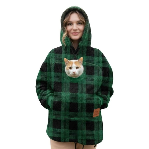 HOWPAY Cat Hoodie with Pouch Women Plaid Long Sleeve Sweatshirt Zipper Kangaroo Pocket Pet Carrier Pullover Animal Holder Fuzzy Cute Tops Green L