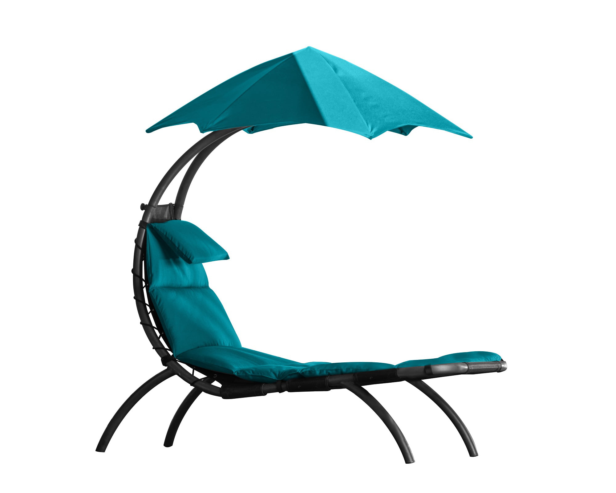 72” Blue Low Outdoor Lounge Chair with an Overhanging Umbrella