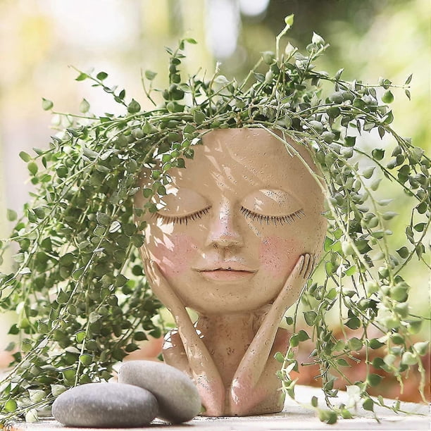 Maceta con forma de cara, maceta con forma de cabeza, maceta para suculentas, maceta de resina con forma de cactus y orificios de drenaje, con ojos cerrados y personajes de resina.