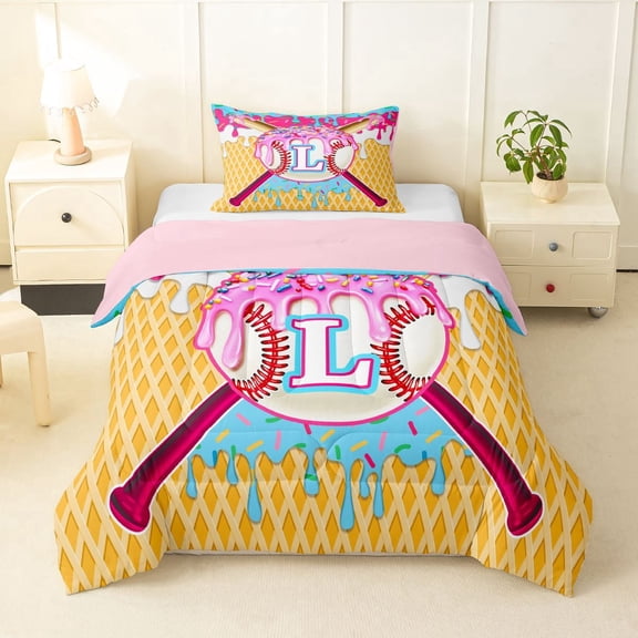 Erosebridal Ice Cream Baseball Print Twin Comforter Sets 3-Piece For Kids,Boys Sport Theme Personalized Initial L Bedding Set,Pink Reversible