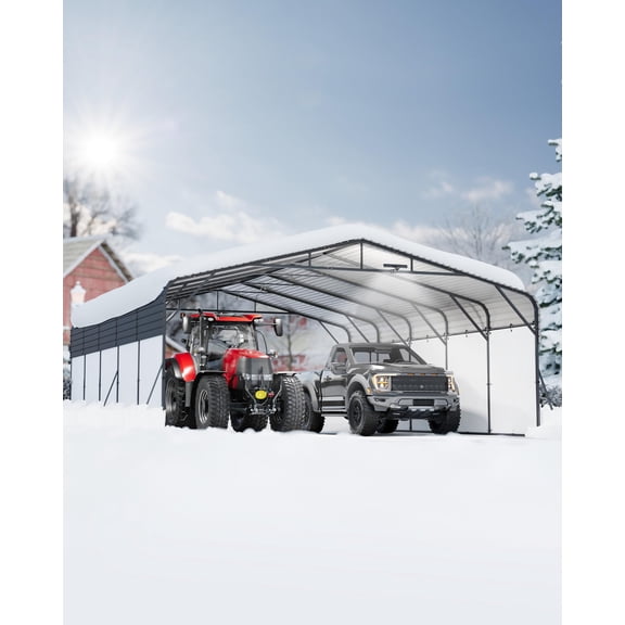 Gaderth 20x25FT Metal Carport w/Led Light, Outdoor Car Port Canopy Shelter, Outdoor Car Garage, Removable PE Sidewalls, Reinforced Base & Galvanized Steel Roof for Boats, Trucks
