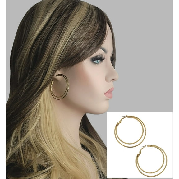Pierced Earrings Gold Tone Double Hoop Twisted Detail 2" Surgical Steel Post Ladies Adult Female Women