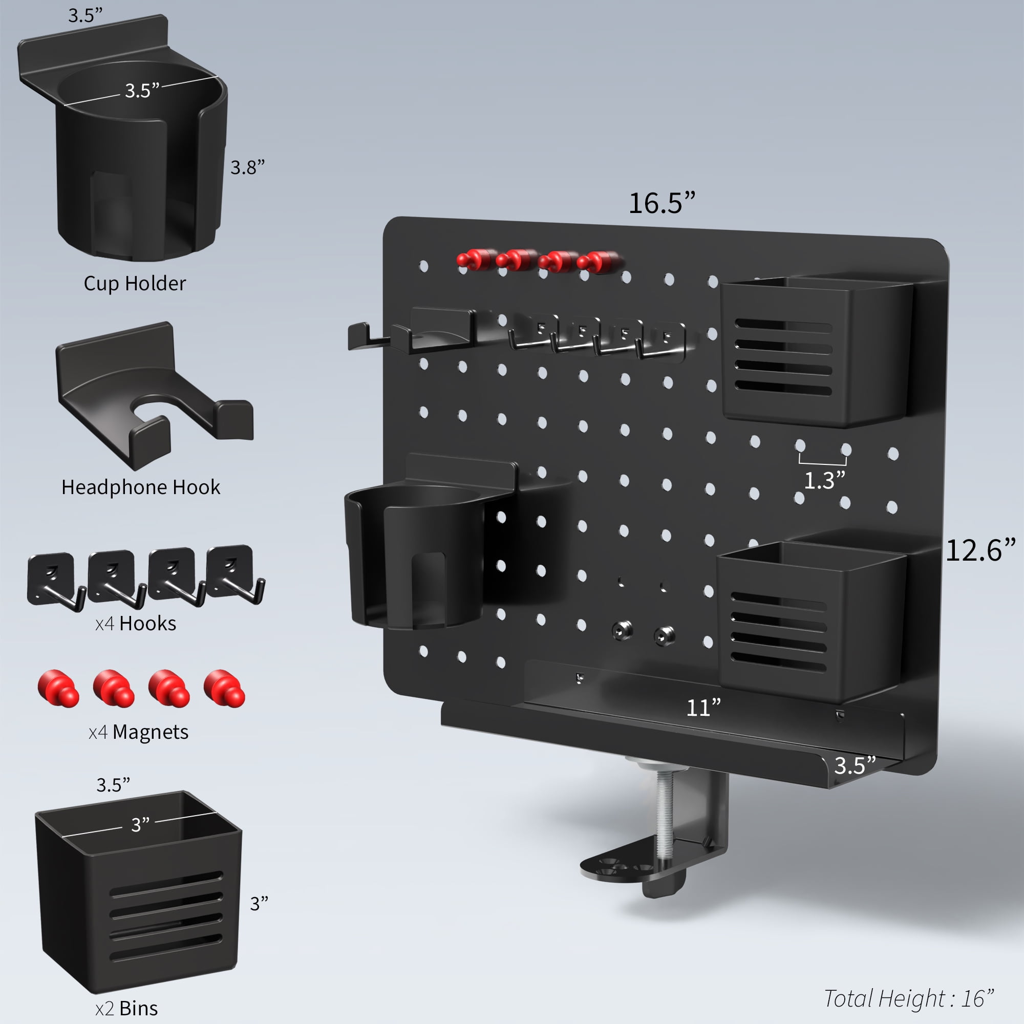 VIVO Black Steel Clamp-on Rotating 17" x 13" Pegboard, Magnetic Desk Organizer