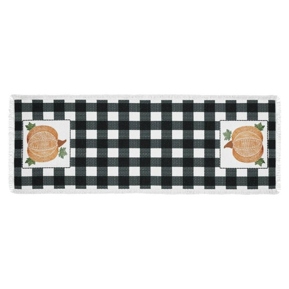VHC Brands Annie Black Check Pumpkin Seasonal Fall Autumn Thanksgiving Halloween Decor for Kitchen Dining Room Party Gifts, Table Runner 8x24
