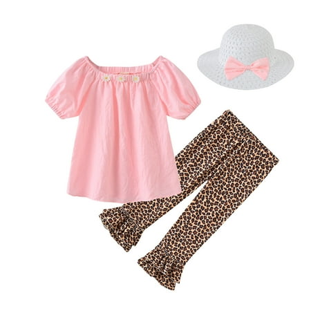 

XMMSWDLA Toddler Girl Clothes Baby Girls Cute Fruit Flower Leopard Print Short Sleeve Trousers Hat Three-piece Suit Discount Clearance