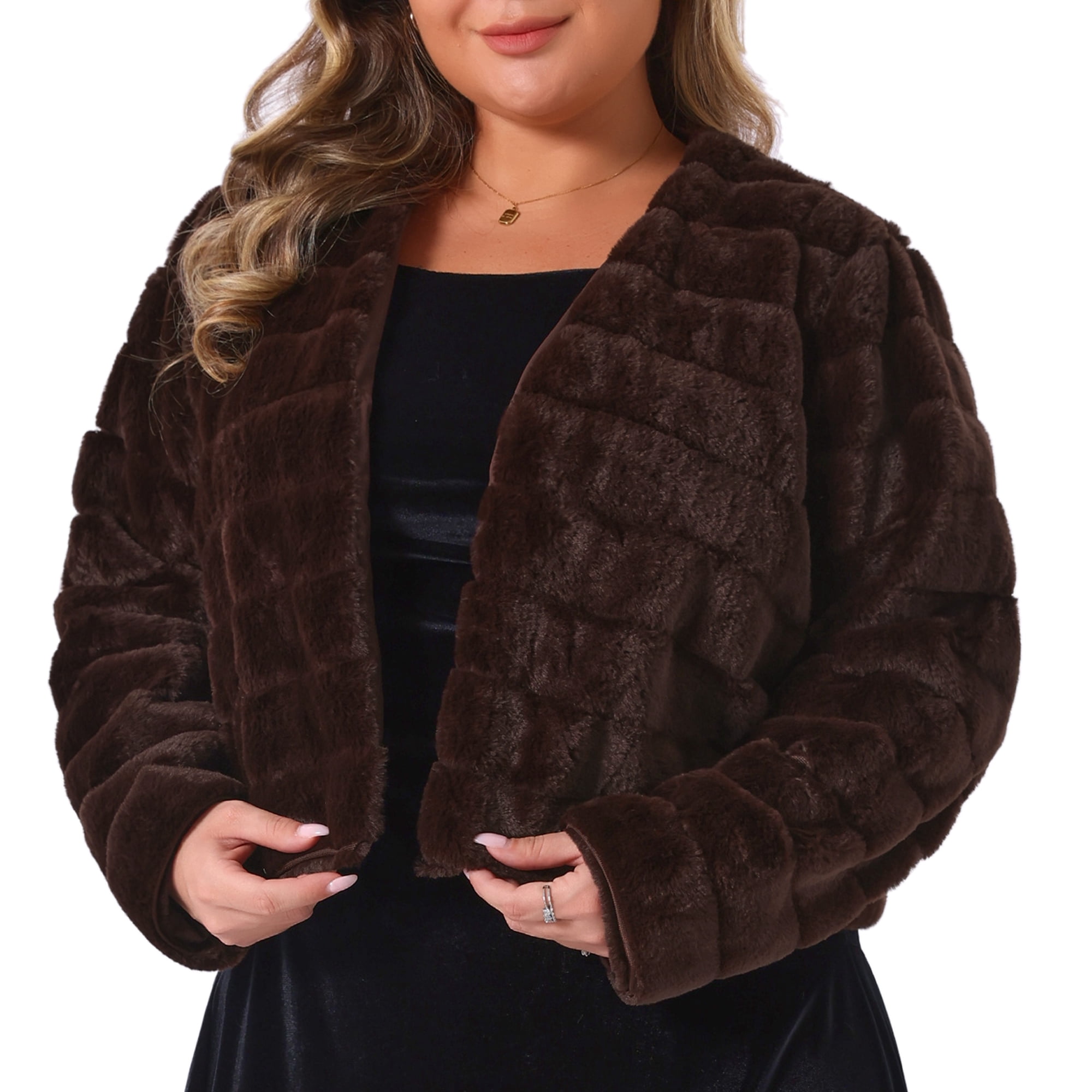 DARING DIVA Women's Plus Size Faux Fur Open Front Winter Jacket 4X Brown