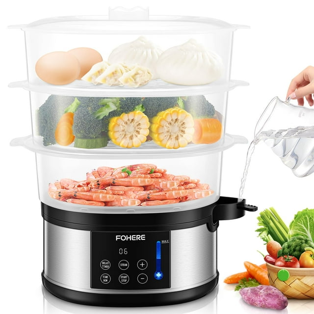 FOHERE Food Steamer for Cooking,13.7QT Vegetable Steamer with Stackable 3 Tiers BPA-Free Baskets,800W Electric Steamer Pot 60-Minute Timer, 24H Delay Start Timer for