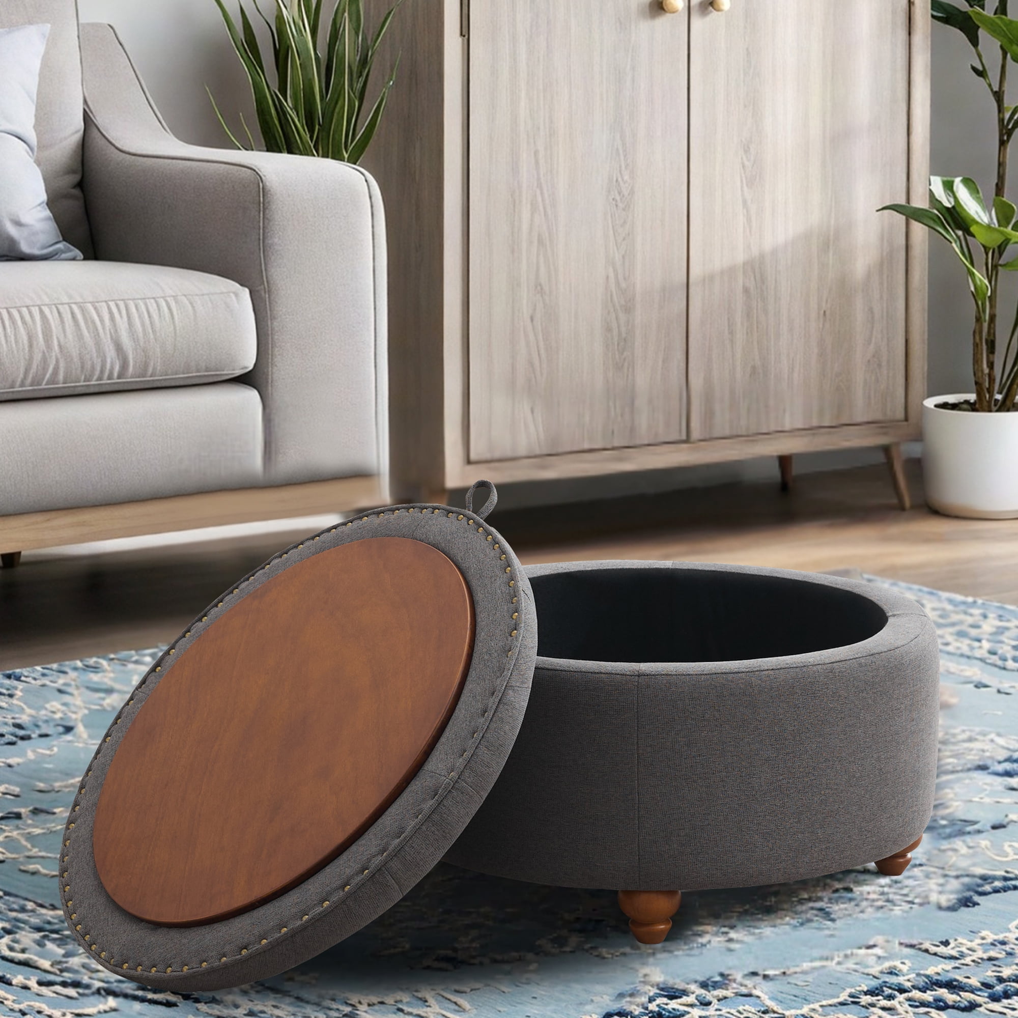 24'' Round Ottoman with Storage, Modern Tufted Fabric Storage Ottoman with Removable Top for Living Room, Bedroom, Drak Gray