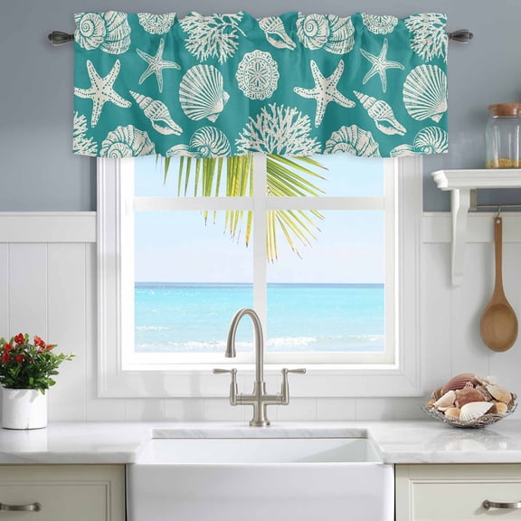 Window Valance for Kitchen,Summer Ocean Conch Shell Rod Pocket Curtain Valances Short Curtains Drapes Panel,Coastal Starfish Turquoise Window Treatment Topper for Living Room Bathroom Bedroom Home