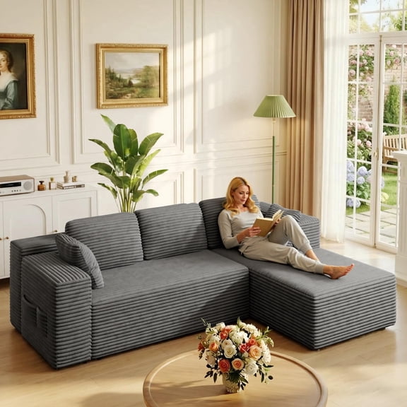 Gizoon 105" L Shaped Sectional Couch for Living Room, Memory Foam Cloud Sofa with Chaise, Modular Corduroy Floor Sofa, Grey