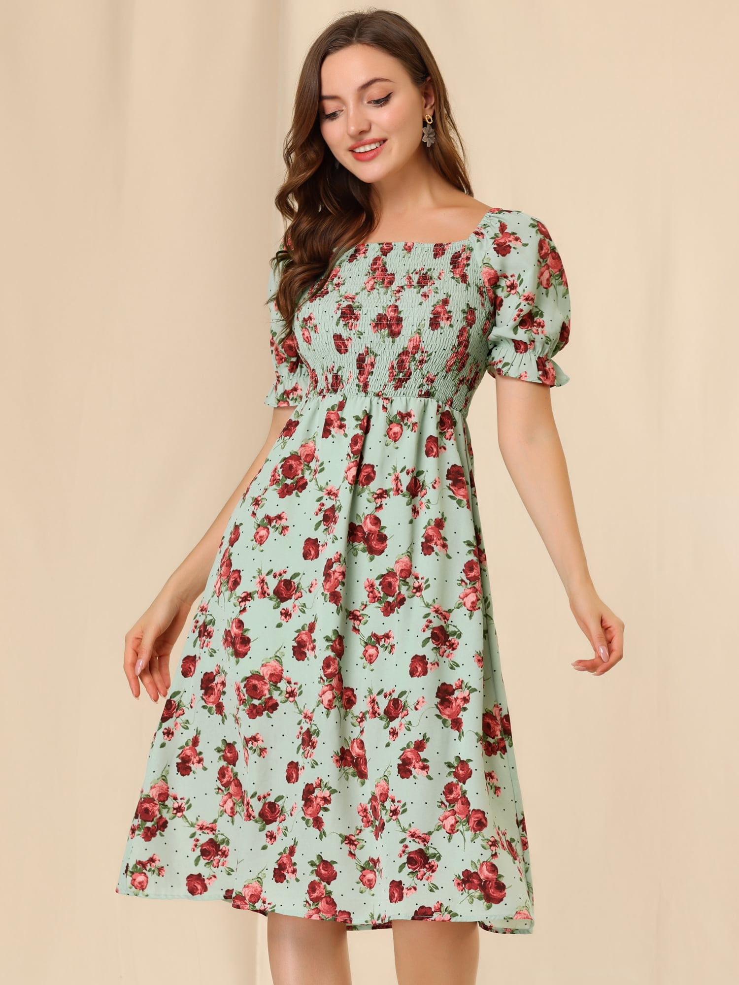 DARING DIVA Square Neck Puff Sleeves Smocked Waist Midi Floral Dres XS Green