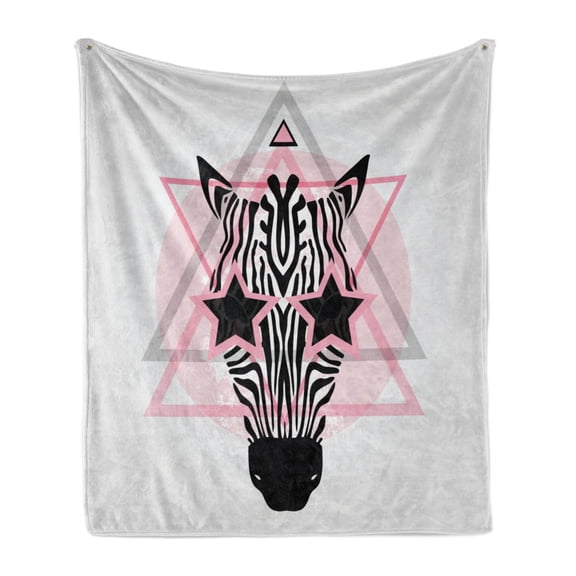 Pink Zebra Soft Flannel Fleece Blanket, Zebra Head Star Eyes Portrait Geometric Prehistoric Effect Ethnic, Cozy Plush for Indoor and Outdoor Use, 70" x 90", Baby Pink White and Black, by Ambesonne