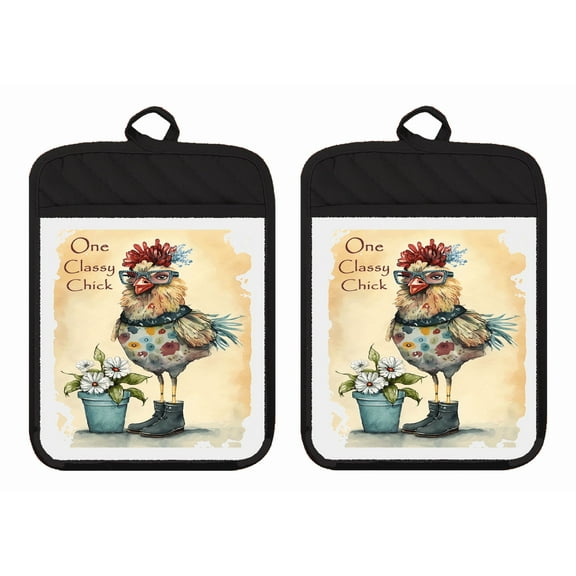 Set of 2 Pot Holders Oven Mitts Hot Pads 100% Cotton One Classy Chick Chicken Farm Kitchen DZ0358DPH (Black)