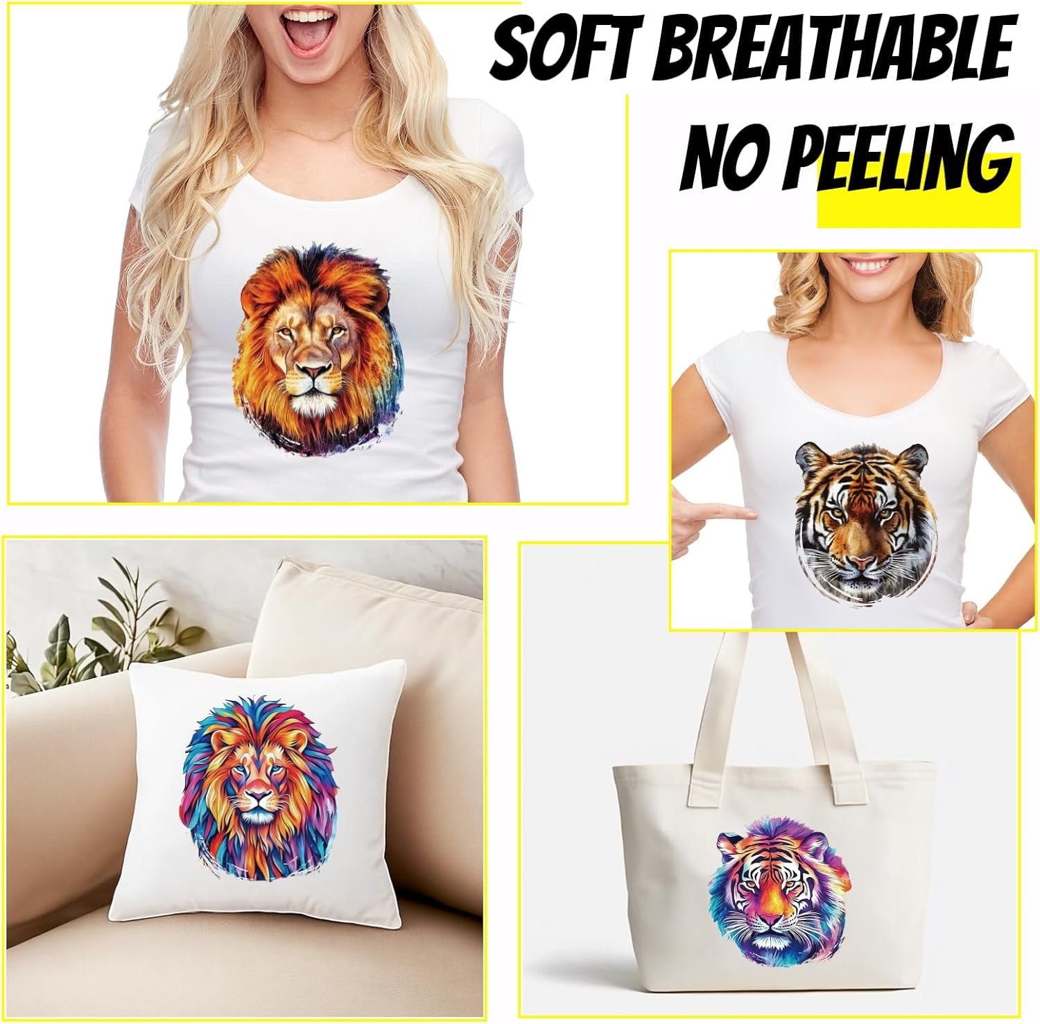 1 Set 4PCS Lion and Tiger Iron On Transfer Patches Animal Heat Transfer Stickers DIY Iron On Decals Washable Heat Transfer Paper for Clothing T-Shirt Backpacks Bag Pillow Decor Applique