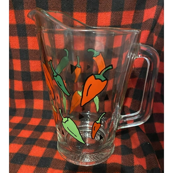 Vintage Clear Pitcher Glass With Red & Green Chili Peppers Made in USA - 1990's