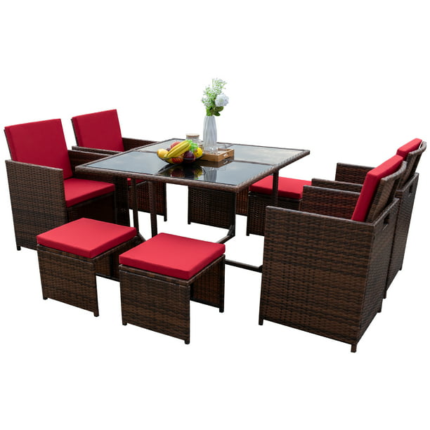 Lacoo 9 Pieces Patio Dining Sets Outdoor Furniture Wicker Rattan Chairs And Tempered Glass Table Sectional Set Conversation Cushioned With Ottoman Red Com - Home Cube 4 Seater Rattan Effect Patio Set Black 459
