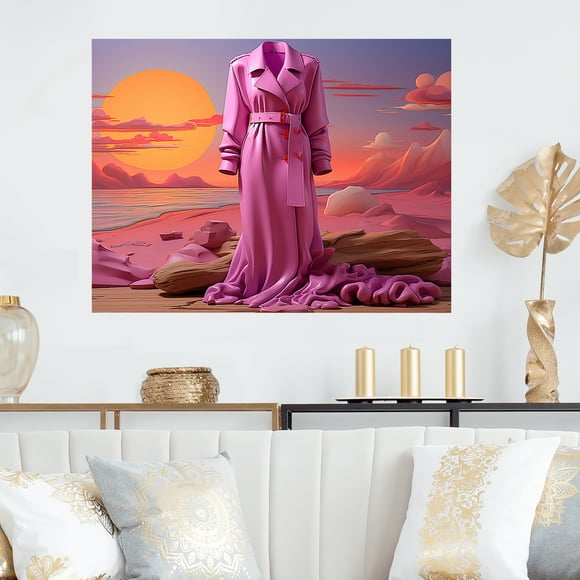 Designart "Wardrobe Sunset Pink Dress" Balenciaga Metal Wall Art, Pink Metal Wall Decor, Glam Metal Art Decor For Bedroom - 32x16 Inch