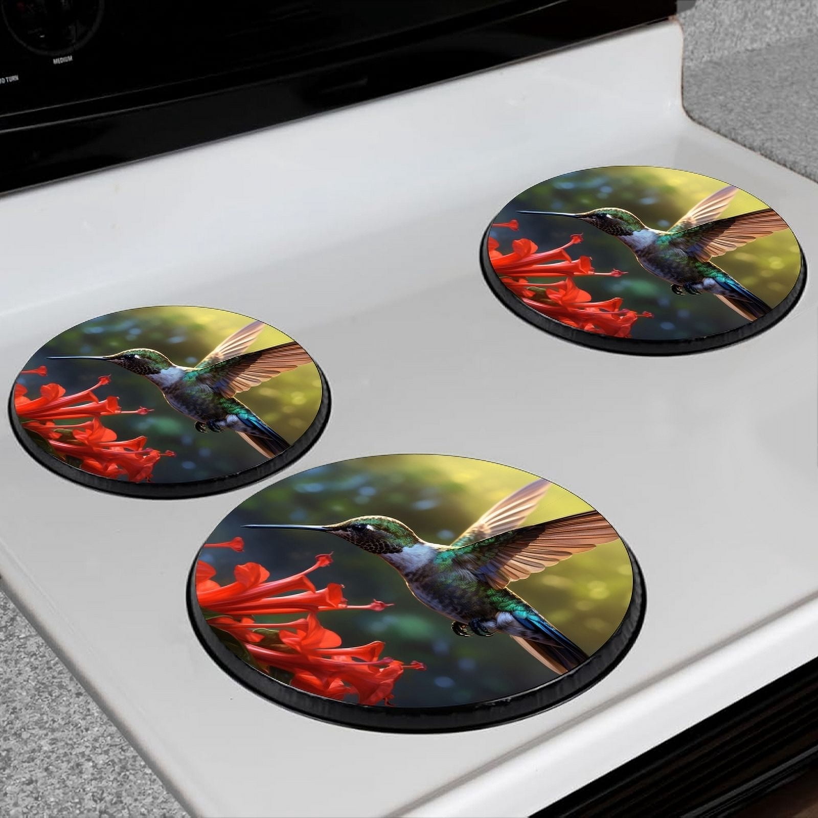 BaHomeck Electric Stove Burner Covers Set of 4,Round Metal Gas Stove Burner Covers 8 Inch and 10 Inch,Kitchen Decor,Beautiful Hummingbird Hovers Among Flowers