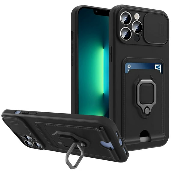 for iPhone 14 Pro Max 6.7" 2022 Case, [Card Slot & Tempered Glass Screen Protector & Camera Sliding Window & 360°Rotating Kickstand] Shockproof Anti-fall TPU Back Cover, Black