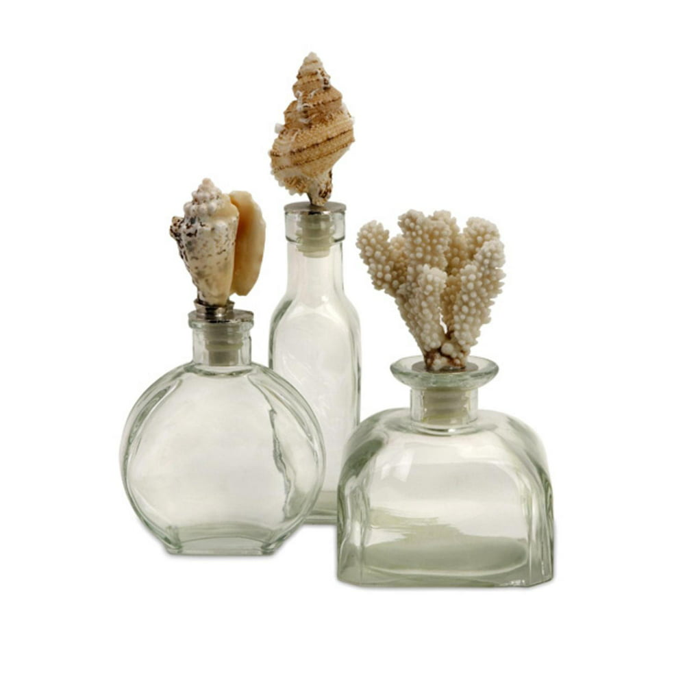 Set of 3 Decorative Clear Glass Bottles with Nautical Sea Shell ...