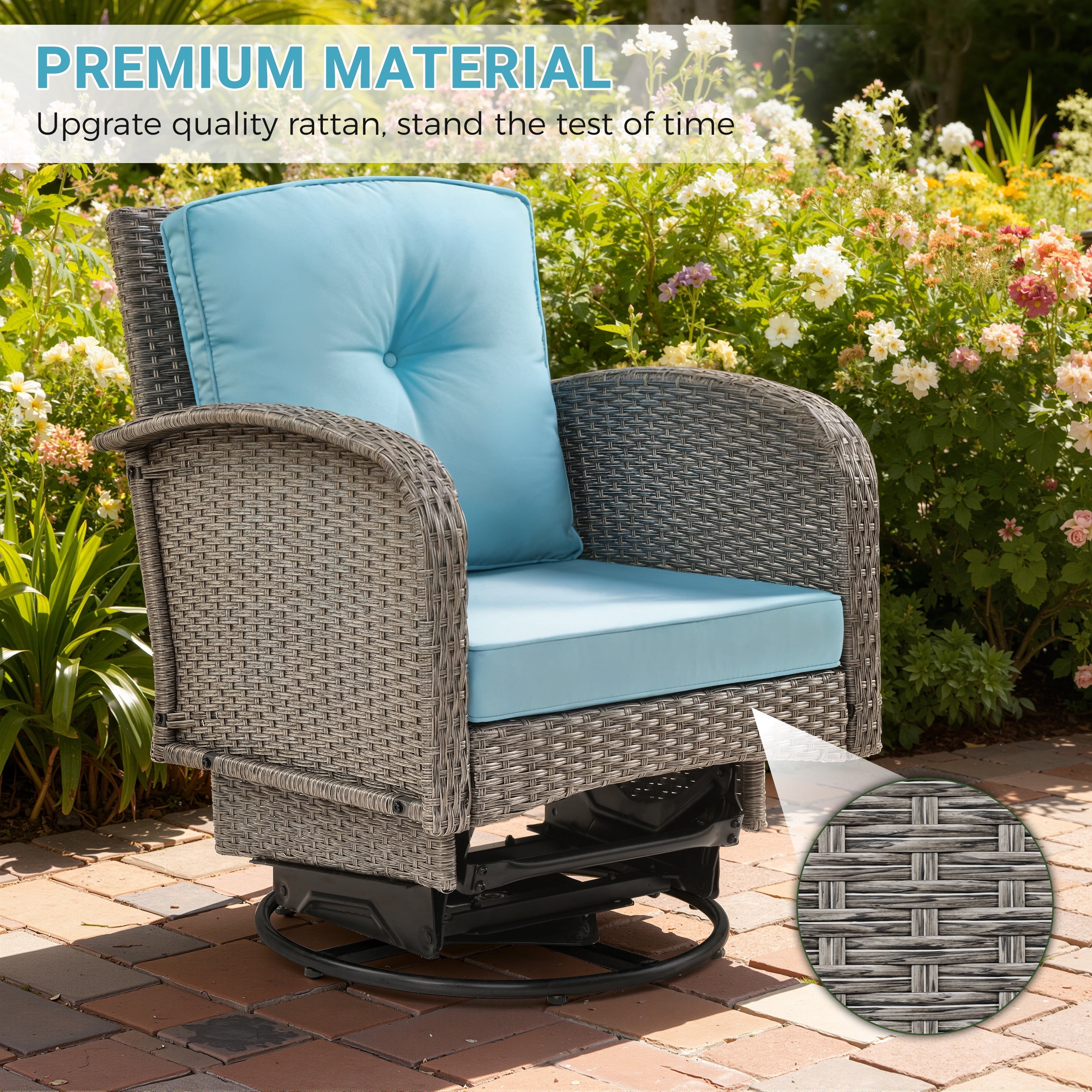 3 Piece Outdoor Bistro Swivel Chairs Set, Patio Bistro Set w/ 360° Swivel Rocking Chairs & Table, All-Weather Conversation Set with Metal Frame for Patio Backyard Porches or Garden - Blue