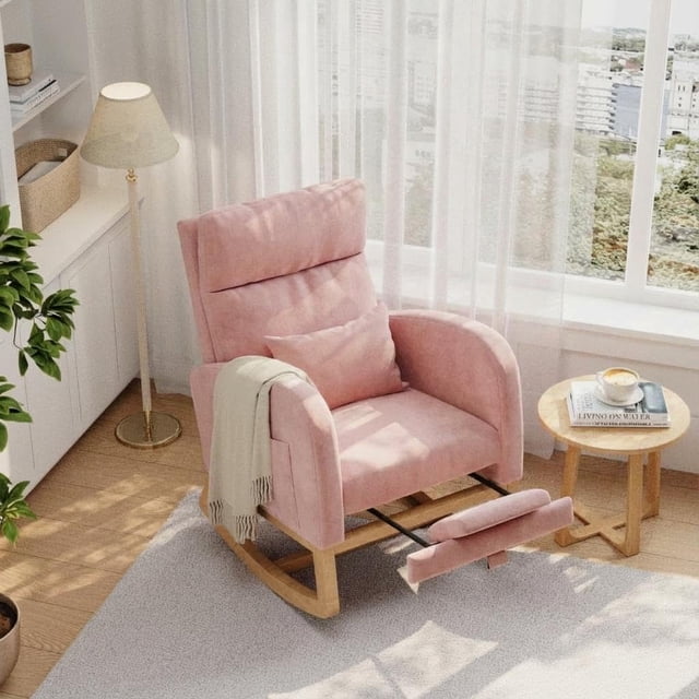 Modern Nursery Rocking Chair, Boucle Upholstered Rocking Chair with Footrest, Comfortable Rocker Recliner with Side Pocket, Rocker Glider for Living Room, Bedroom, Nursing Room, Pink