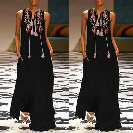 iLH Women Vintage Casual Daily Sleeveless Cotton-Blend Floral Embroidery SummerDress