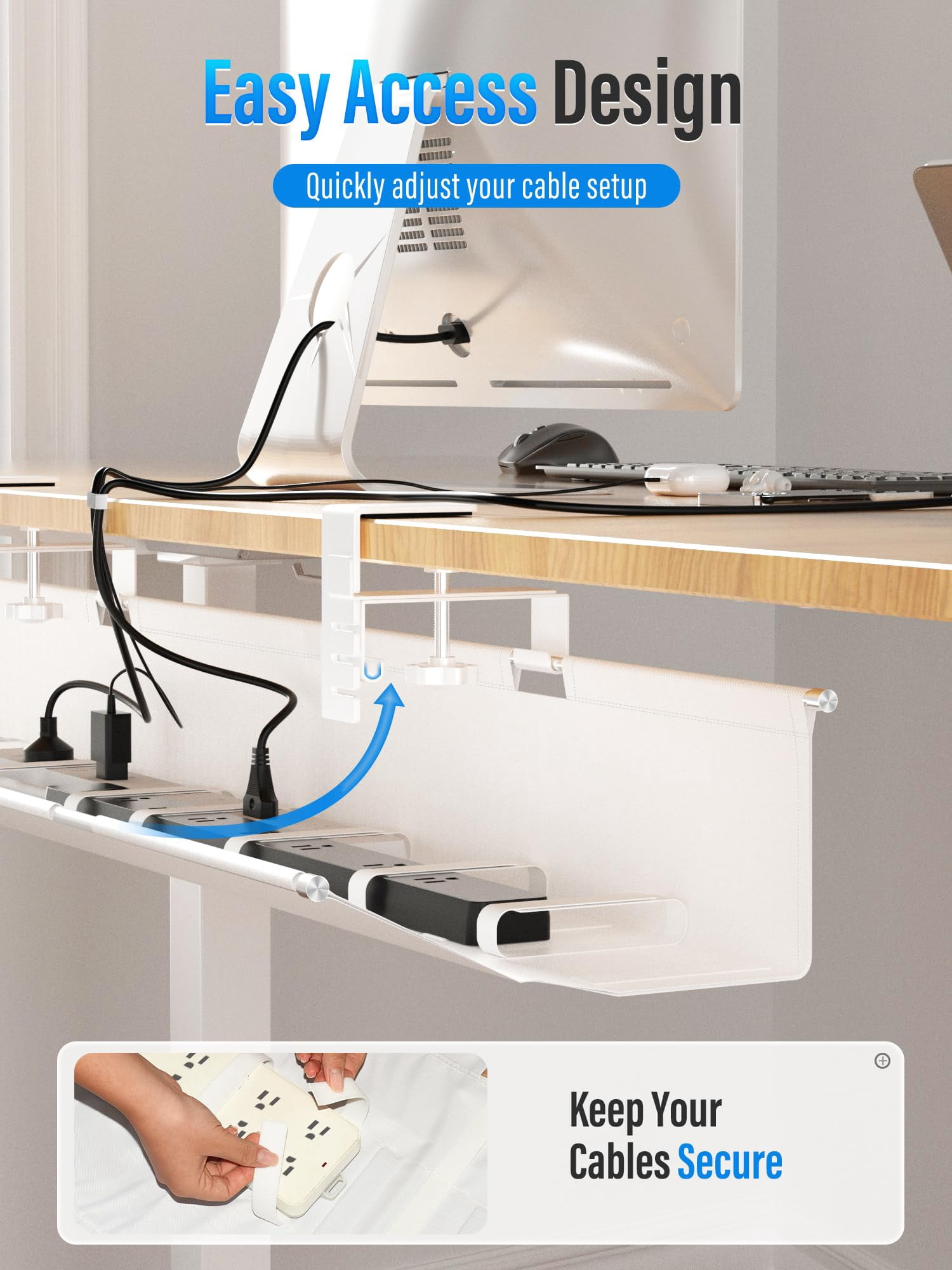 [upgraded] Large Under Desk Cable Management Tray  No Drill 42" Fabric Cord Hider For Wire Organizer Office Home - Supports Up To 30lbs White