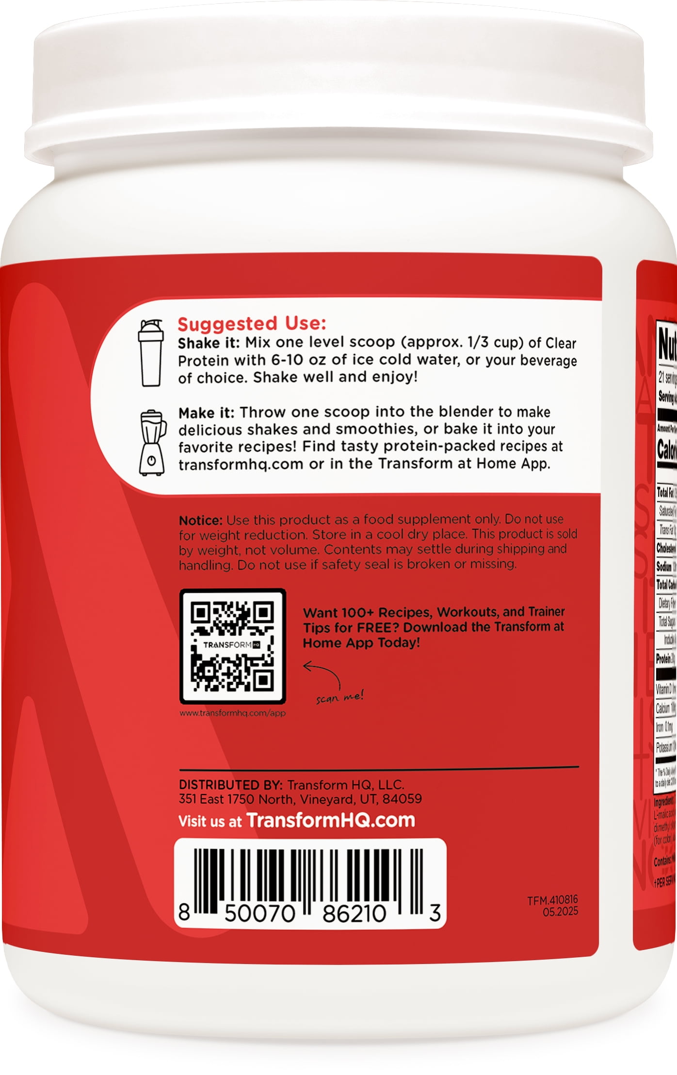 TransformHQ Clear Protein Powder (Fruit Punch) 21 Servings - Whey Protein Isolate, 20g of Protein, 90 Calories, 0g Added Sugars