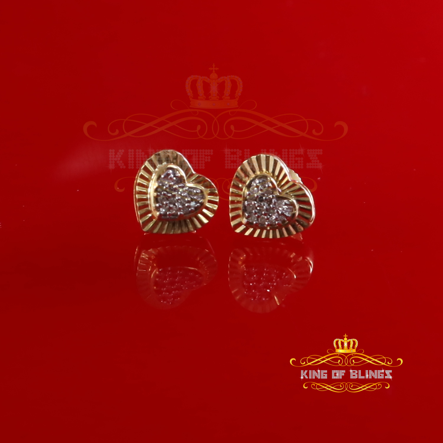 King of Bling's 10K Real Yellow Gold with Real 0.10ct Diamonds Men's /Womens Stud Heart Earrings