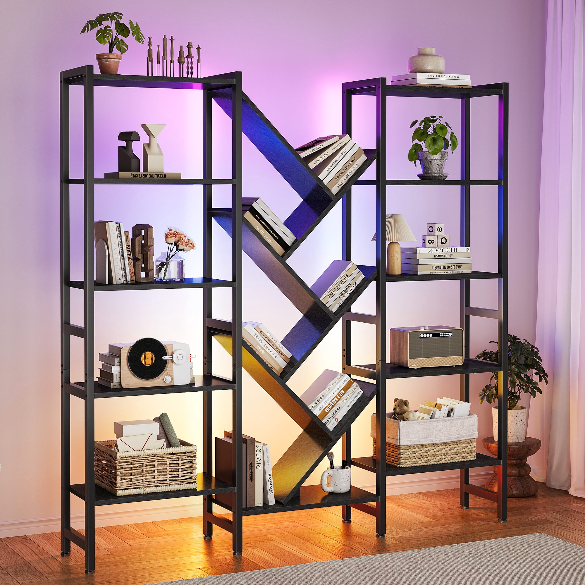 Triple 5-Tier Bookshelf with LED Lights for Living Room, 17 Open Shelves Large Bookcase with App Control RGB Light Strip, Modern Tree Design Storage Shelf with Metal Frame, Black