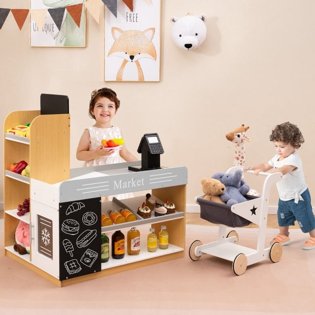 Costway Juego de Tienda de Comestibles para Jugar de Madera Puesto de Mercado para Niños con Carrito de Compras 2 Pizarras y Caja Registradora