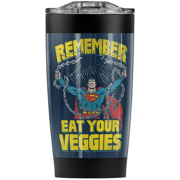 Superman Veggie Power Stainless Steel Tumbler 20 oz Coffee Travel Mug/Cup, Vacuum Insulated & Double Wall with Leakproof Sliding Lid | Great for Hot Drinks and Cold Beverages