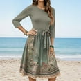 thumbnail image 2 of WTOBBY Women's Chic Floral Print Waistband Round Neck 3/4 Sleeve Dress, Flowy Midi Sundress with Comfort Fit for Daily Activities,Army Green L, 2 of 5