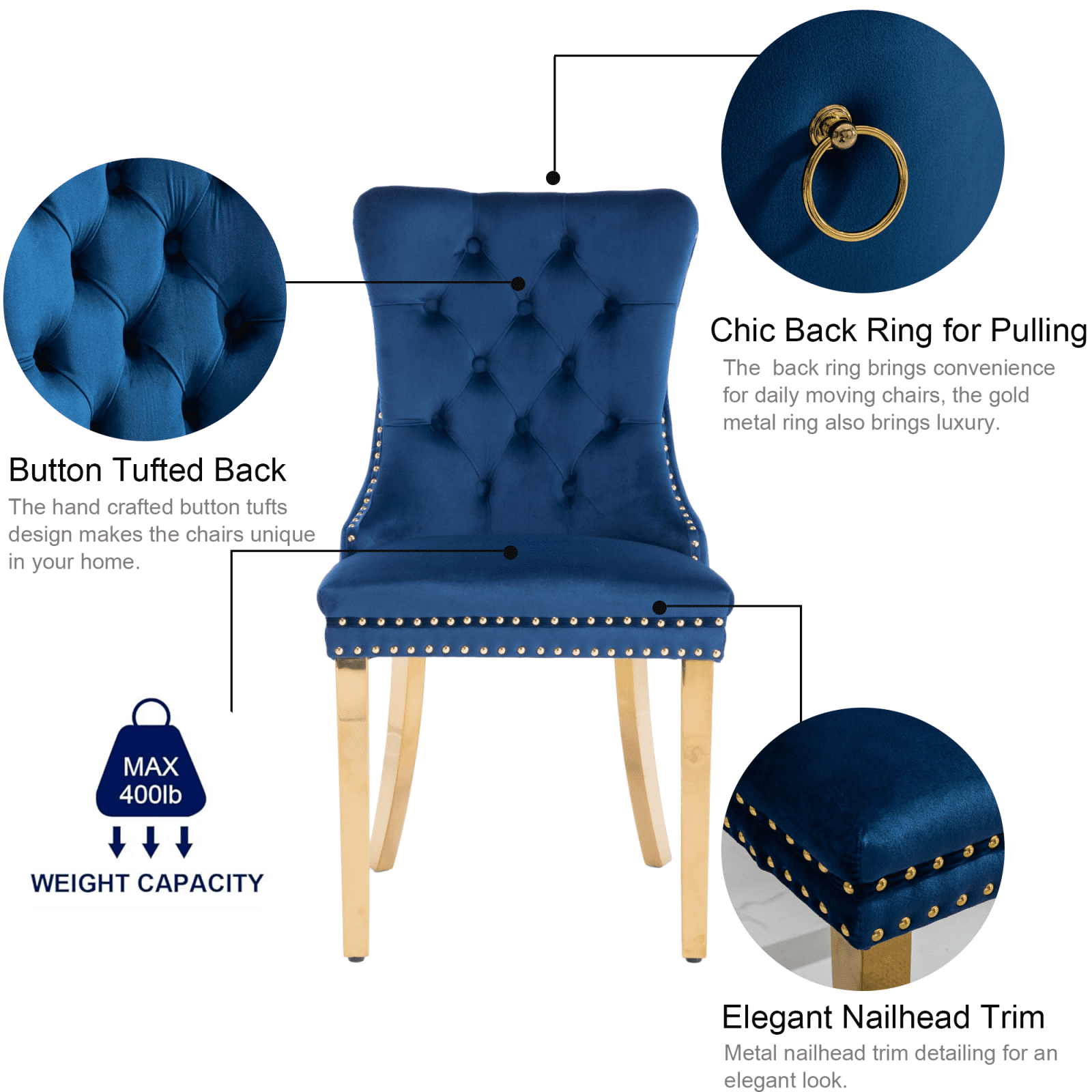 Dining Room Chairs with Velvet Fabric Dining Chairs with Golden Stainless Steel Plating Legs, Backrest and Button Velvet Fabric Design,Luxury Home Furniture for Dining Room(Blue Set of 4)