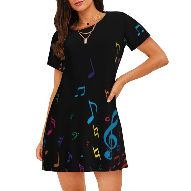 Disketp Color Musical Notes para Camisón Corto de Manga Corta para Mujeres, Camisón Cómodo con Escote Redondo, Bonito y Confortable
