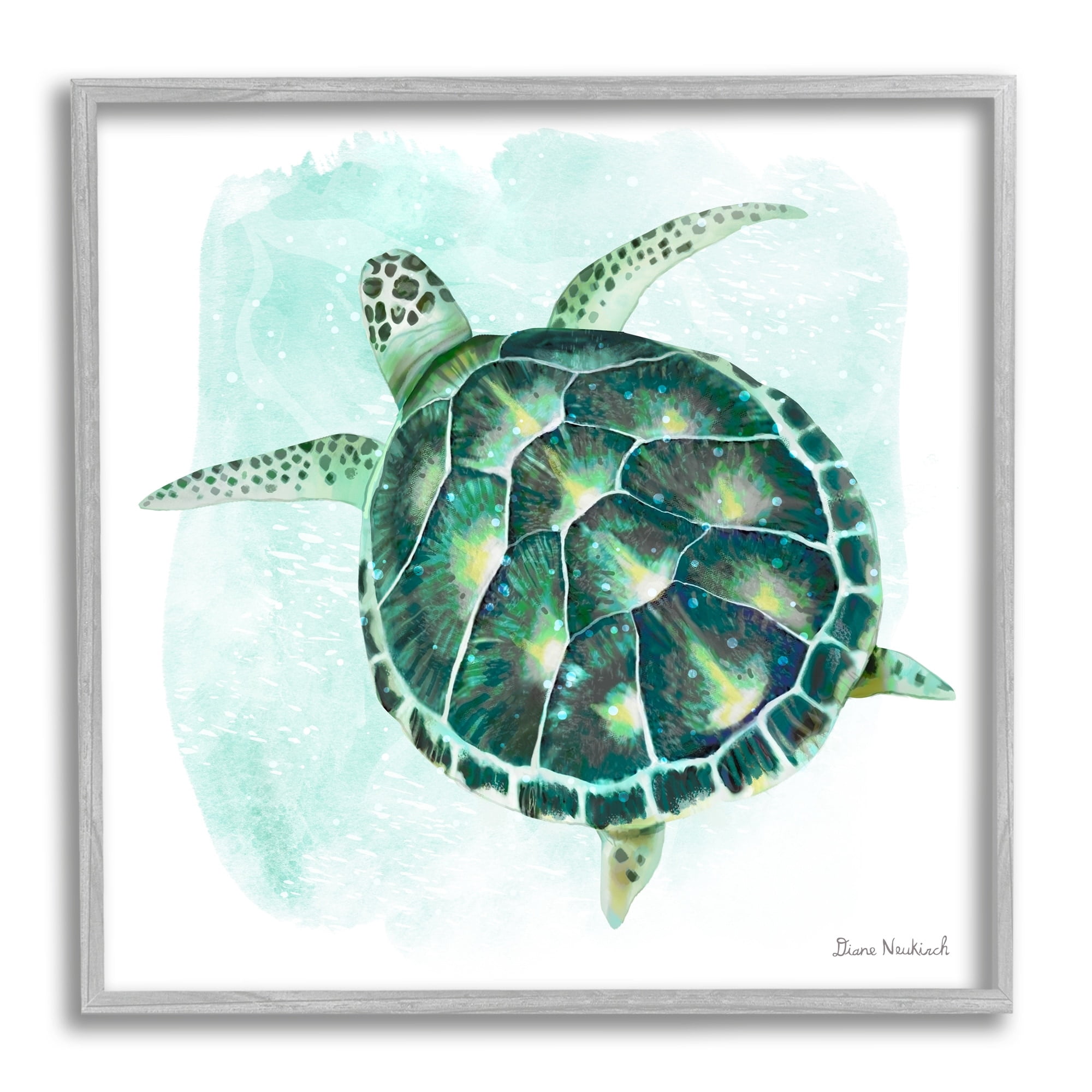 Stupell Industries Green Speckled Sea Turtle Swimming Ocean Water Painting Gray Framed Art Print Wall Art, Design by Diane Neukirch
