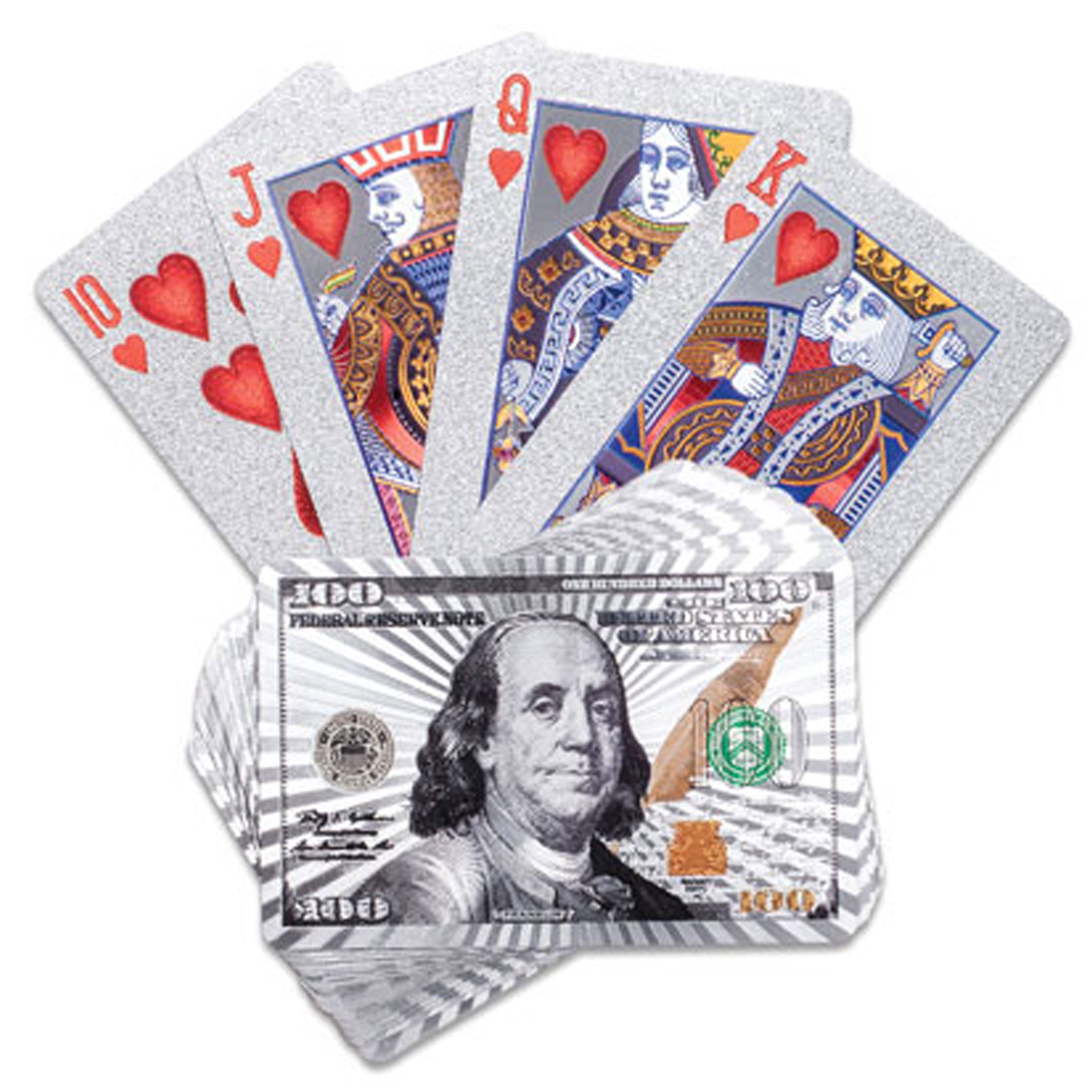Silver Playing Cards Foil Plated Full Deck Poker $100 Bill Benjamin Franklin New 