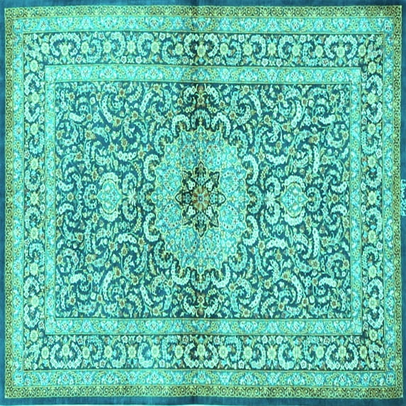 Ahgly Company Machine Washable Indoor Square Medallion Turquoise Blue Traditional Area Rugs, 8' Square
