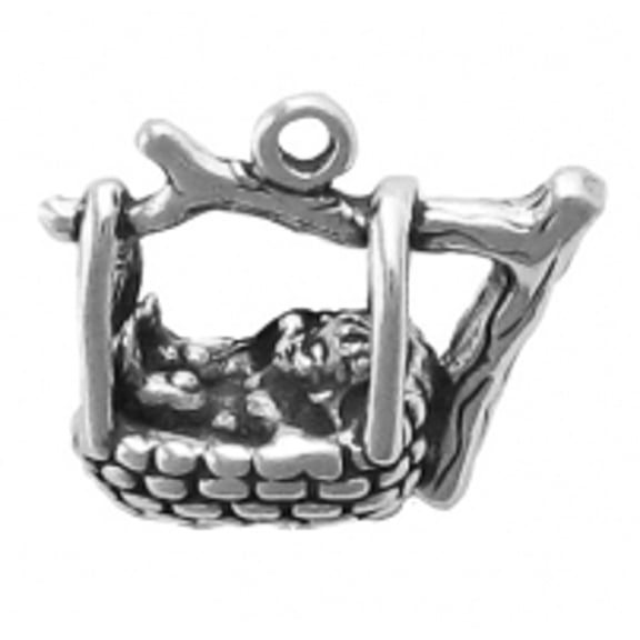 Sterling Silver 7" 4.5mm Charm Bracelet With Attached 3D Rock A Bye Baby In Basket On The Tree Tops Charm