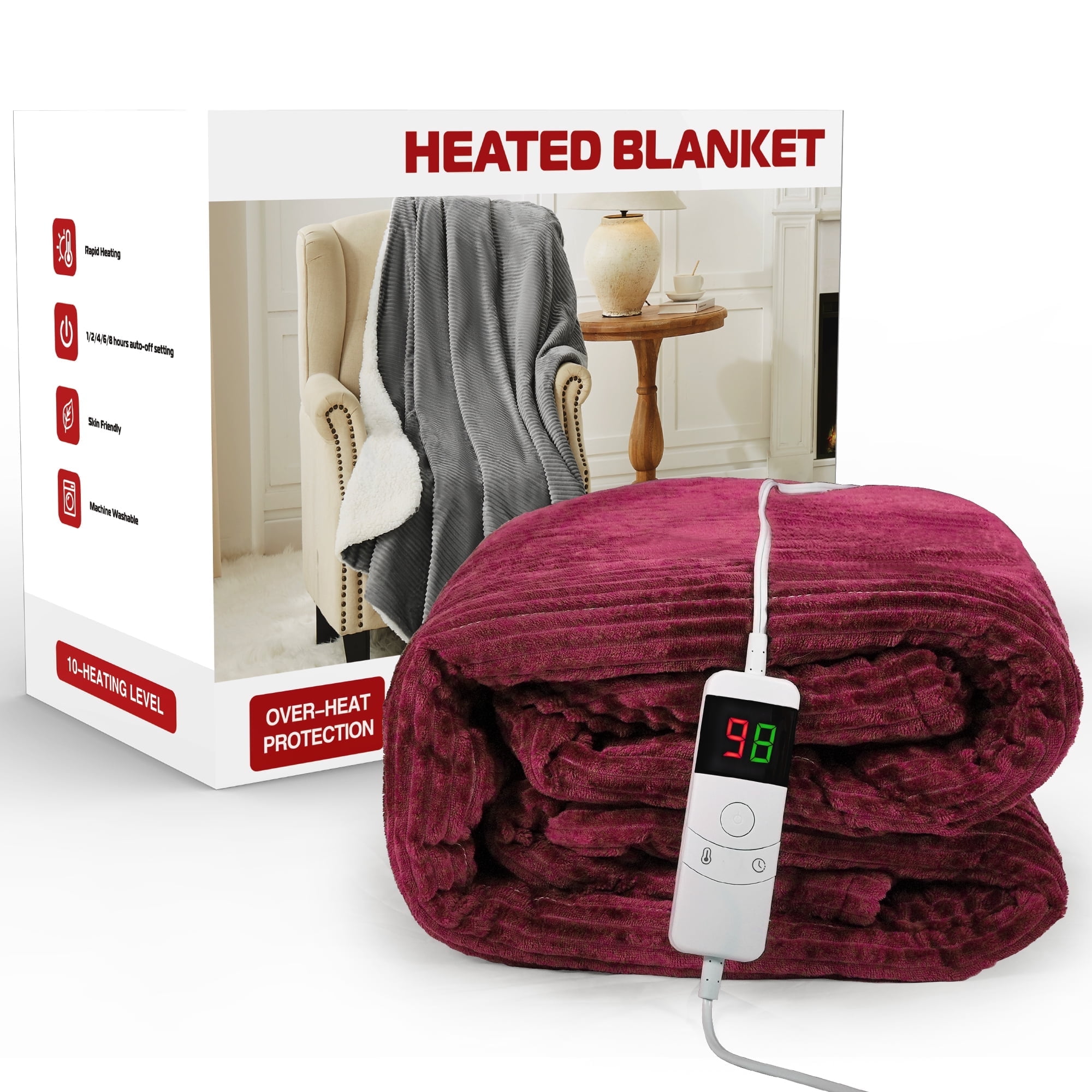 UNIKOME Flannel Wine Heated Electric Blanket, 50 in x 60 in