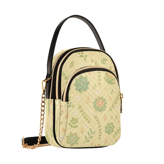Women's Quilted Crossbody Bag Small Shoulder Tote Purse with 3 Zipper Pockets Botanical Succulent Pattern