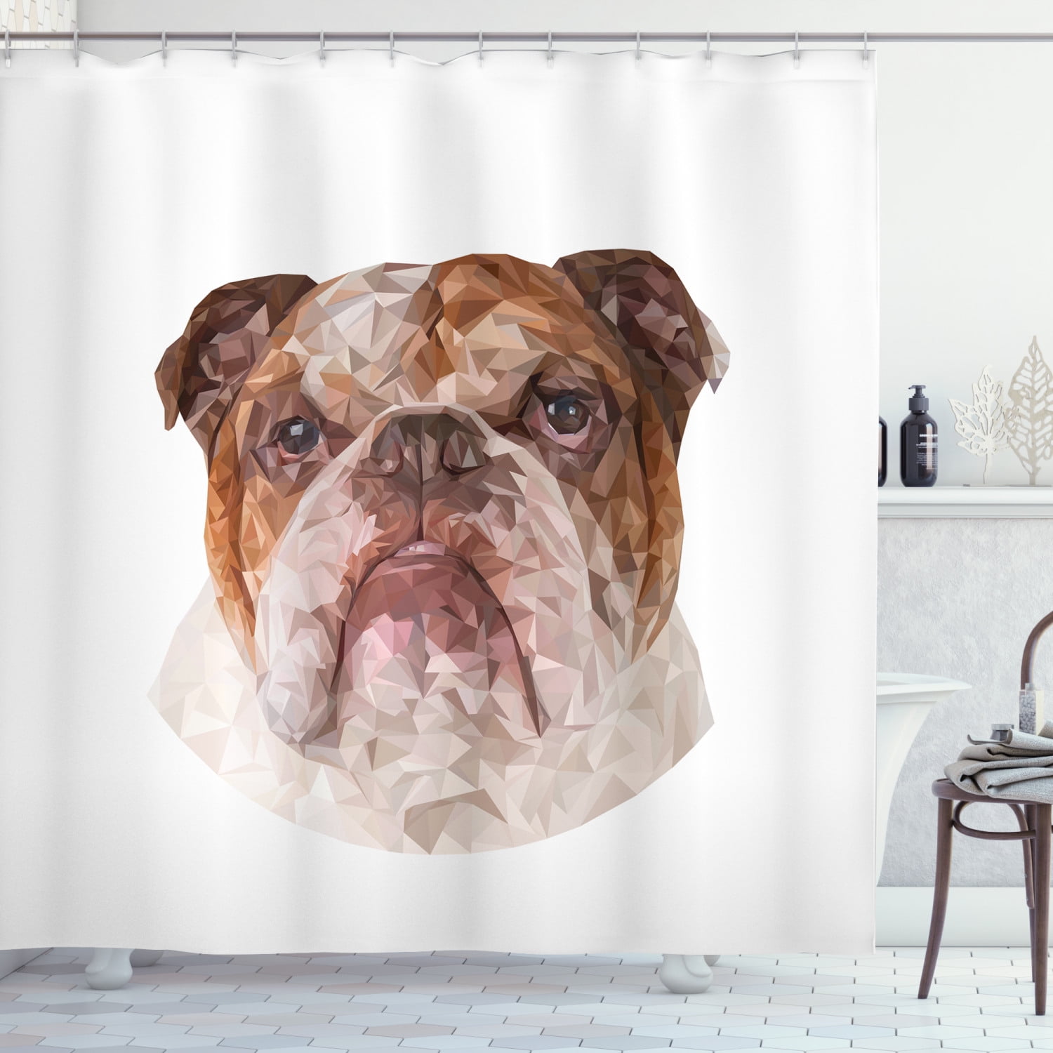 English Bulldog Shower Curtain, Polygonal Bulldog Design with Geometric