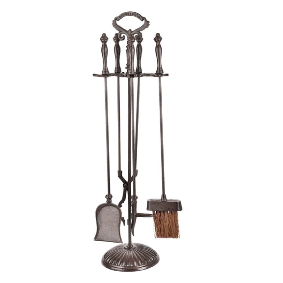 Sungmor Cast Iron Fireplace Tools Set, Rustic Brown, 5-Piece, Tong, Shovel, Poker, Brush, Holder