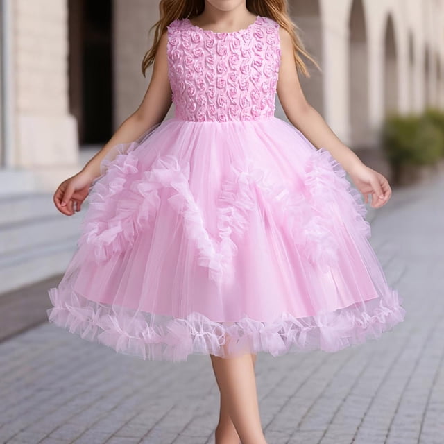 Girls Dresses Children's Solid Color Irregular Mesh Lace Knee Length Wedding Dress Puffy Dress Skirt for